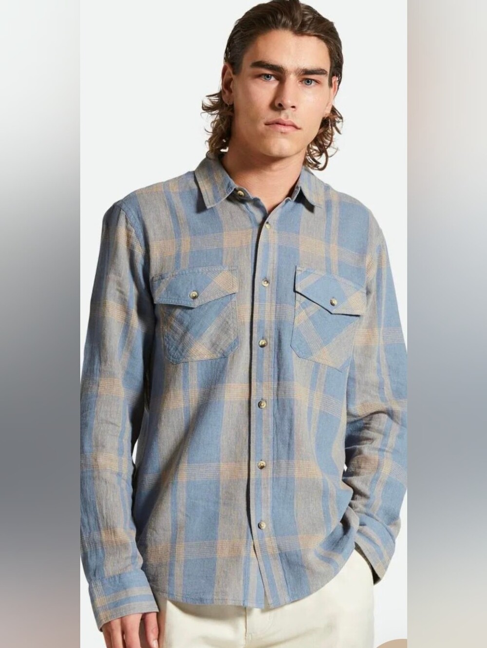 Brixton Memphis Linen Blend Blue & Khaki Plaid Shirt